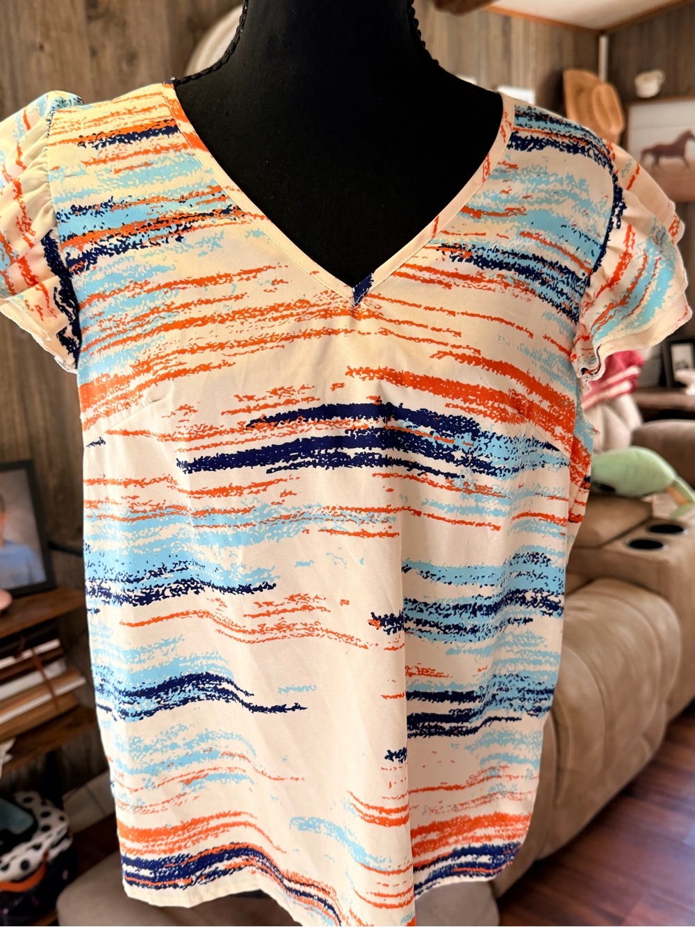 V-Neck Short Sleeve Wave-Print Blouse in Cream, Orange & Blue